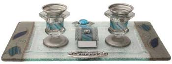 blue glass shabbat Candlestick Set