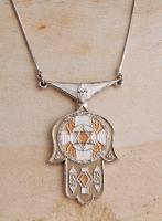 Art Deco Pink and White Hamsa Necklace 