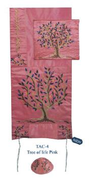 Raw Silk Embroidered Tallit Set - Pink Tree of Life